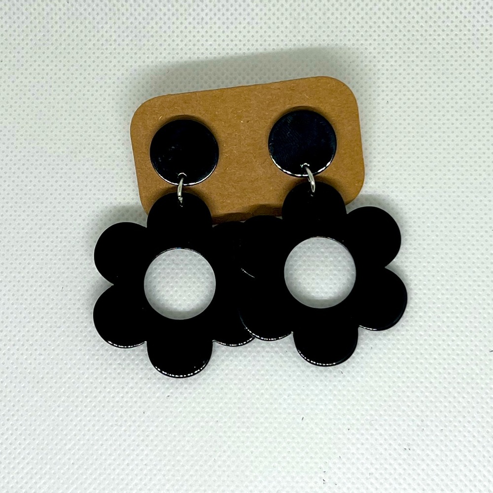 Black Groovy Retro Floral Earrings